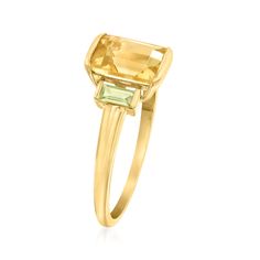 Ross-Simons - 1.60ct Citrine, .20ct t. w. Peridot Ring in 14kt Yellow Gold. Size 5. RS Pure. Modern designs that complete your outfit and complement your personality. The perfect touch of color for your minimalist jewelry collection, this dainty ring features a 1.60 emerald-cut citrine with .20 ct. t. w. baguette peridots in polished 14kt yellow gold. 3/8" wide. Peridot and citrine ring. Peridot birthstones are the perfect gift for August birthdays. Peridot Ring Gold, August Birthdays, Yellow Citrine Ring, Peridot Birthstone, Citrine Jewelry, Peridot Jewelry, Tiny Rings, Peridot Earrings, Yellow Citrine