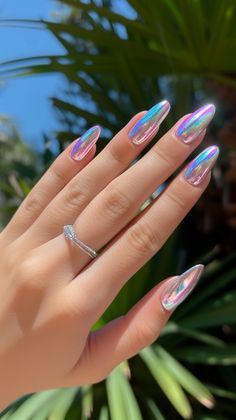 Don't settle for boring nails! Match Nails' ombre experts will create a custom blend that perfectly complements your skin tone, style, and occasion. Get ready to fall in love with your nails all over again! #matchnails #ombrenails #customnails #personalizednails #uniquenails #trendymanicure #youdeserveit #getpampered Mermaid Holographic Nails, Colourful Winter Nails, Palm Springs Nails Ideas, Colourful Chrome Nails, Salon Nails Ideas, Glass Effect Nails, 80s Nails Designs, 80s Nails 1980s, March Nails Ideas Spring