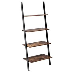 a wooden ladder shelf with four shelves on each side and two black metal bars at the bottom