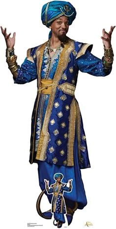 a man dressed in blue and gold is standing with his hands out to the side