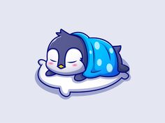 a penguin sleeping on top of a pillow with a blue blanket over it's head