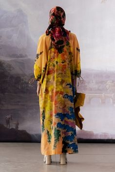 Multi color cotton silk dress featuring all over abstract prints with frill detailing along the neckline, Fit: Relaxed Yellow Silk Dress With Printed Motifs, Yellow Silk Dresses With Printed Motifs, Spring Silk Dresses With Printed Motifs, Cotton Dresses With Digital Print For Spring, Summer Cotton Dress With Digital Print, Spring Silk Maxi Dress With Abstract Print, Bohemian Silk Dresses With Abstract Print, Multicolor Printed Motifs Maxi Dress For Spring, Multicolor Printed Maxi Dress For Spring