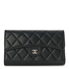 This is an authentic CHANEL Lambskin Quilted Large Flap Wallet in Black. This wallet is crafted of diamond quilted lambskin leather in black. It features a front flap with a small polished silver Chanel CC logo and unsnaps to a burgundy leather interior with card slots, patch pockets, snap pocket, and fabric bill compartment. Luxury Black Quilted Wallets, Elegant Quilted Wallet For Formal Occasions, Elegant Quilted Wallets For Formal Occasions, Designer Leather Wallet With Quilted Detail, Designer Quilted Leather Wallet, Classic Formal Quilted Wallet, Elegant Quilted Leather Wallet, Quilted Leather Wallets For Formal Occasions, Formal Quilted Leather Wallets