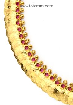 22 Karat Gold 'Lakshmi Kasu' Mala / Long Kasulaperu with Red Stones - 235-GN3042 - in 54.950 Grams for USD $4326.14. 
Made in India by Totaram Jewelers Online this product is in Gold - 22 Karat BIS Hallmark 916 KDM Gold  & is an excellent gift for Adult - Women. Ships fully insured with secured guaranteed delivery for free with your order over $250 from New Jersey USA & comes with 30 days exchange policy. Kasu Mala, Red Stones, Enhance Your Beauty, Red Stone, Gifts For Adults, 22k Gold, Necklace Length, Vibrant Red, New Jersey