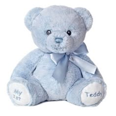 a blue teddy bear with a bow on it's head and name written on the front