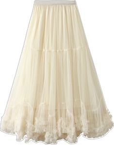 Beige Flowy Ruffled Skirt, Beige Tulle Maxi Skirt For Party, Beige Ruffled Full Skirt, Beige Flowy Maxi Skirt For Party, Flared Tulle Maxi Skirt With Lining, Voluminous Tulle Maxi Skirt, Beige Tiered Tulle Skirt, Beige Long Tulle Skirt, Tulle Maxi Skirt With Ruffled Details