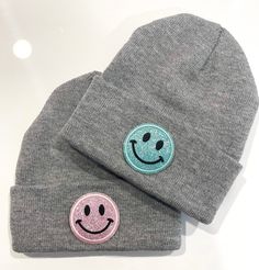 Make people smile around you when they see your smiley glittery cutie 100% Acrylic This listing is for 1 beanie Gorros Aesthetic, Pink Smiley, Soft Accessories, Make Up Bags, Kids Beanies, People Smile, Aesthetic Hoodie, July 9th, Hat Embroidery