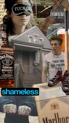 a collage of photos with the words shameless in front of them and an image of a man holding a beer