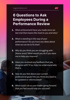 a poster with the words 6 questions to ask employees during a performance review on it