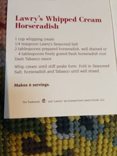 a recipe card with instructions on how to make a whipped cream horseradish