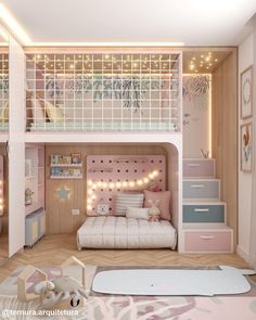 a bedroom with a bed and stairs in the ceiling is lit up by string lights