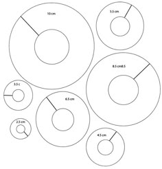 three circles are shown with the measurements for each circle, and one has four smaller circles