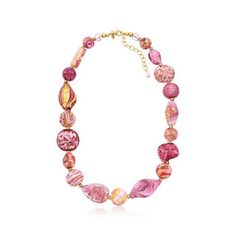 Ross-Simons - Italian Pink, 18kt Yellow Gold Murano Glass Bead Necklace Over Sterling. 20". From Italy, this eclectic necklace celebrates the fascinating beauty of handmade Murano glass. Featuring 4-22mm multi-shaped Murano glass beads in an artful array of pink and gold designs that are truly individual yet perfectly complementary to one another. Features 18kt yellow gold over sterling silver spacer beads and a lobster clasp with a 2" extender. Graduates from 1/4" to 7/8" wide. Murano glass is Elegant Necklace With Large Czech Glass Beads, Elegant Glass Necklaces With Large Beads, Elegant Glass Necklace With Large Beads, Elegant Murano Glass Beaded Necklaces, Glass Large Beads Long Necklace, Pink Single Strand Glass Necklace, Murano Glass Large Beads Necklace For Jewelry Making, Murano Glass Necklace With Large Beads, Murano Glass Necklace With Large Beads For Gifts