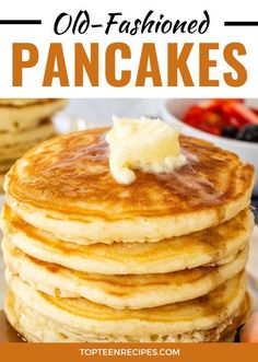 pancakes stacked on top of each other with butter and syrup