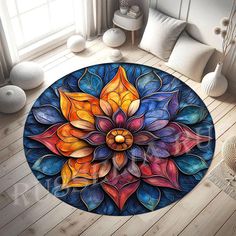 colorful flower pattern round rug on the floor