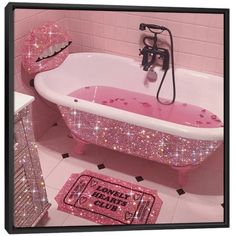 a pink bath tub sitting in a bathroom next to a rug with glitter on it