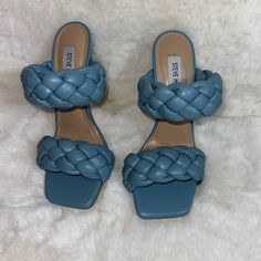 Steve Madden Kenley Vegan Leather Braided Mule Blue Sandals Womens Size 6.5 Blue Synthetic Sandals With Square Toe, Blue Synthetic Square Toe Sandals, Blue Square Toe Synthetic Sandals, Trendy Blue Heels With Heel Strap, Light Blue High Heel Synthetic Heels, Light Blue High Heels In Synthetic Material, Trendy Blue Sandals With 4-inch Heel, Light Blue High Heels With Padded Heel, Light Blue Padded High Heels