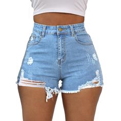 PRICES MAY VARY. Button closure 65%Cotton/32%Polyester/3%Spandex Shorts for women casual summer, fashion cute cut 。lightweight stretchy denim fabric,super comfy to wear in the hot summeroff shorts,zipper fly, without pockets, button closure. Fashion Ripped Hole Look,Slim Fit and Cute,You Can Wear Woman Denim Shorts to club, School, Outdoor,Dating, etc .Perfert For Summer Daily Wear . Sizes:S(waist:26.77",hip:33.85"),M(waist:28.34",hip:35.43"),L(waist:29.92",hip:37.00" ),XL (waist:31.49",hip:38.5 Fitted Ripped Short Jeans, Fitted Denim Shorts With Ripped Details, High Waist Jean Shorts, Rome Outfits, Blue Jeans Shorts, Teen Jeans, Casual Outfits For Teens, Ripped Shorts