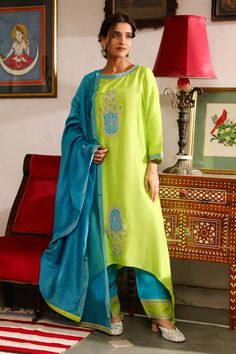 Vibrant green asymmetric kurta with zari and resham embroidered placed floral motifs. Comes with matching salwar and dupatta. - Aza Fashions Kurta Set With Dupatta, Asymmetric Kurta, Kurta And Palazzo, Salwar Pants, Desi Vibes, Resham Work, Kurta Set For Women, Palazzo Set, Sustainable Fashion Brands