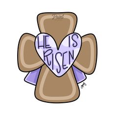 a brown teddy bear holding a purple heart with the words lie is risen written on it