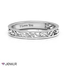 Gorgeous filigree work on a band that complements another ring or looks beautiful on its own. Engraving Jewelry, Minimalist Wedding Rings, Plain Wedding Band, Ring Bands, Baked Macaroni, Diy Jewelry Ideas, Fingerprint Jewelry, Monogram Ring, Infinity Ring