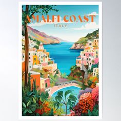 High-quality posters to hang in dorms, bedrooms or offices. Multiple sizes are available. Printed on 185gsm semi gloss poster paper. Additional sizes are available. A whimsical art print of the Amalfi Coast in Italy. The art print has vivid colours and a painterly texture, perfect as a unique travel gift. Amalfi Coast Painting, Soothing Art, Art In Home, Coast Painting, Italy Travel Poster, Painterly Texture, Unique Travel Gifts, Italy Art Print, Floral Landscape