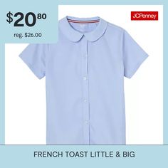 This oxford blouse from French Toast is the perfect style to keep your little or big girl sharply tailored for school, thanks to its back darts for the perfect fit. It's made from a soft cotton-blend poplin with a round Peter Pan collar, short sleeves, and button-down closures. Wear tucked in a pleated skirt with mary jane shoes.Closure Type: ButtonFit: Regular FitNeckline: Collar NeckSleeve Length: Short SleeveSleeve Style: Fitted SleeveFiber Content: 55% Cotton, 45% PolyesterFabric Descriptio… Shirt With Button Closure For School In Spring, Fitted Button-up Shirt For School, Classic Fitted Blouse For School, Fitted Classic Blouse For School, Fitted Button-up School Shirt, Solid Color School Top With Button Closure, Spring Button-up Shirt For School, Classic Shirt For School In Spring, Blue Short Sleeve Shirt For Back To School