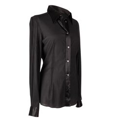 Guaranteed authentic Dolce&Gabbana signature beautifully shaped black button up shirt.Jet black semi sheer silk crepe has a tad of stretch. Trimmed in black satin.Rear center pleat.final saleSIZE 44USA 8TOP MEASURES: LENGTH 28.25"UNDERARM TO UNDERARM 19.25"WAIST 16.5"SLEEVE 25"CONDITION: MINT