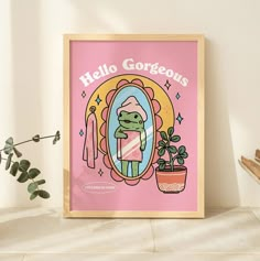 a pink poster with an image of a person holding a potted plant in front of it