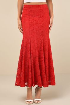 The Lulus Passionate Statement Red Floral Lace Mermaid Midi Skirt will have all your admirers obsessed with you! Romantic floral lace shapes this sensational skirt with a scallop-trimmed, elasticized waistband that can be styled as a high or low-rise fit. The figure-flaunting mermaid silhouette skims your curves just right as it falls to a flaring midi hem. Fit: This garment fits true to size. Length: Ankle length. Size medium Waist: Fitted - stretchy fabric allows custom fit. Hip: Fitted - stre Mermaid Midi Skirt, Midaxi Skirt, Midi Skirt Outfit, Casual Formal Dresses, Girls Fall Outfits, Lulu Fashion, Casual Wedding Dress, Lace Mermaid, Mermaid Silhouette