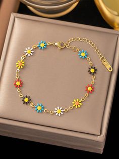 1pc Women Stainless Steel Colorful Daisy Flower Chain Bracelet, Fashion Daily Wear Jewelry Gift, Without Gift Box Valentines Multicolor Casual   Stainless Steel     Women Fashion Jewelry, size features are:Bust: ,Length: ,Sleeve Length: Diasy Chain Bracelet, Trendy Jewelry With Flower Decoration For Gift, Trendy Flower Decorated Jewelry As Gift, Trendy Flower Decorated Jewelry Gift, Trendy Floral Jewelry For Gifts, Trendy Multicolor Flower Jewelry, Trendy Multicolor Flower Shaped Jewelry, Multicolor Dainty Jewelry With Flower Charm, Trendy Flower Shaped Bracelets As Gift