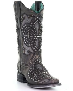 Corral Women's Black Inlay Western Boots - Square Toe, Black Corral Boots Womens, Womens Cowgirl Boots, Corral Boots, Boots Square Toe, Square Toe Boots, Street Casual, Leather Pulls, Black 7, Mid Calf Boots