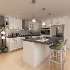 a large kitchen with white cabinets and black counter tops, along with bar stools