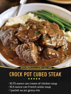 a poster for a restaurant called crock pot cubed steak with mashed potatoes and green beans