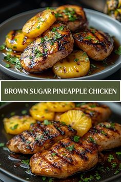 two plates with grilled chicken and pineapples on them, one is brown sugar pineapple chicken