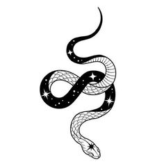 a black and white drawing of a snake with stars on its tail, in the shape of a star