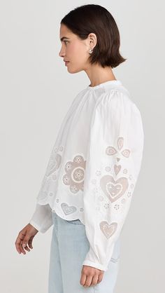 Sea Jeanetta Eyelet Long Sleeve Top | Shopbop Ethnic Tops, White Eyelet Blouse, Sea Clothes, Emb Designs, Summer 25, Eyelet Top, Fashion Design Drawings, Puff Sleeve Blouse, Knit Tops