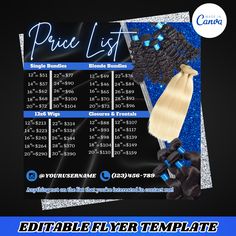 💙Hair Price list Flyer: Hair Bundle Deals, Extensions Pricing Flyer, Wig Price List Template, Bundle Offers, Hair Extensions, Wig Sale* 💙IMPORTANT NOTE: This is a digital product. No physical items will be shipped. Simply download the template and use it with Canva, an easy-to-use online graphic design tool. 💙WHAT YOU'LL RECEIVE: Canva Templates sized for Instagram posts (1080 × 1080 px)PDF with the Canva Template link and instructions. 💙WHAT CAN YOU EDIT: Customize colors and fonts Add your own text and images Resize and rearrange elements Delete graphics Change text colors Easily revert or undo changes This DIY template is perfect for various businesses such as clothing boutiques, lash bars, nail salons, beauty salons, hair studios, and spas. Elevate your social media presence with t Wig Price List, Hair Price List, Wig Sale, Price List Template, Online Graphic Design, Graphic Design Tools, List Template, Hair Studio, Diy Template