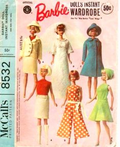 barbie doll clothes pattern from the 1950's, including dresses and hats for women