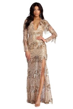 Special OccasionSparkle and gleam as you radiate in our Rachel sequin dress! She features an all over gold hue. a V neckline. unlined fitted long sleeves and a partially lined maxi lengthsilhouette. Her all over mesh fabric features a geometric pattern adorned with dazzling sequins. Dress offers a relaxed fit with minimal stretch. Includes a hidden back zipper closure.Special Occasion products cannot be returned to any retail locations. Sequin Tassel Dress, Deep Sea Mermaid, Semi Formal Attire, Sea Mermaid, Sequins Dress, Tassel Dress, Windsor Dresses, Special Occasion Outfits, Formal Attire