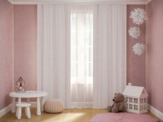 a child's room with pink walls and white curtains