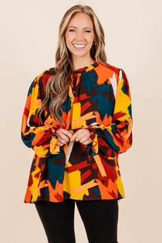 Chic Soul plus size clothing, mustard colored long sleeve top with ruffles along the neckline, flowy and puffy long sleeve detailing, autumn color scheme So In Love, Model Fits, Affordable Fashion, Bold Colors, Abstract Pattern, The Office, Plus Size Outfits, Mustard, Fashion Forward