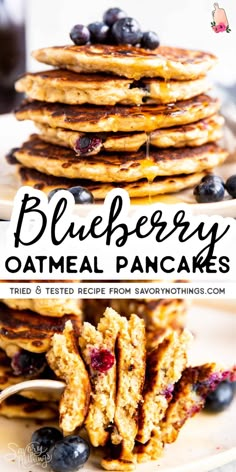 blueberry oatmeal pancakes stacked on top of each other with the title overlay