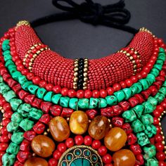 Tibetan Red Yellow Bead Bib Necklace With Brass Medallion, Tibetan Statement Necklace, Ethnic Collar Necklace, Boho Bib Necklace - Etsy Handmade Beaded Necklaces For Festivals, Handmade Traditional Bib Necklaces For Festivals, Handmade Red Bib Necklace With Round Beads, Unique Bib Necklace With Large Beads For Festivals, Bohemian Turquoise Bib Necklace With Colorful Beads, Unique Bib Necklaces With Large Beads For Festivals, Handmade Turquoise Bohemian Bib Necklace, Bohemian Red Bib Necklace With Round Beads, Artisan Beaded Necklaces With Boho Collar For Festivals