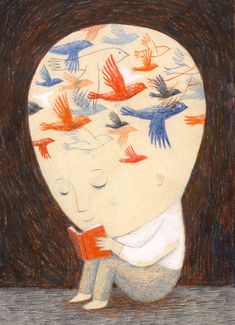 a drawing of a child with many birds flying around him and holding a book in his hands