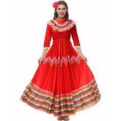 PRICES MAY VARY. Include: 1*women mexican dress + 1*decorate head flower Material: this mexican fiesta dress is made of 90% polyester+10% spandex, fabric is light and slinky, comfortable to wear. Color is very brilliant, eye catching mexican style dress Design: mexican folklorico dress design with wide skirt flow and stripes at the bottom endstripes, which make it's wonderful for spinning, twirling and dancing Size: this mexican costume outfit dress fits women girls, US size, please check the si Fiesta Costume, Folklorico Dresses, Horror Costumes, Jumpsuits Outfit, Traditional Mexican Dress, Halloween Dresses, Halloween Couples, Horror Costume, Dancer Dress