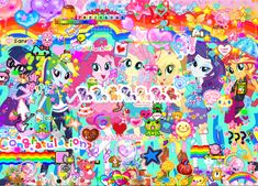 the wallpaper is full of many different cartoon characters and their name, rainbow dash