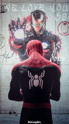 the back of a spider man standing in front of a wall