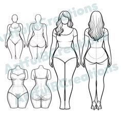 a woman's body is shown in three different positions, including the front and back