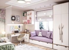 a bedroom with a purple couch and white cabinets